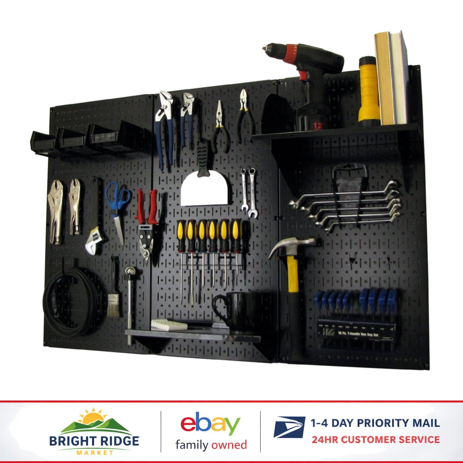 Industrial-Style Pegboard Organizer with Black Panels and Hanging Bins Included