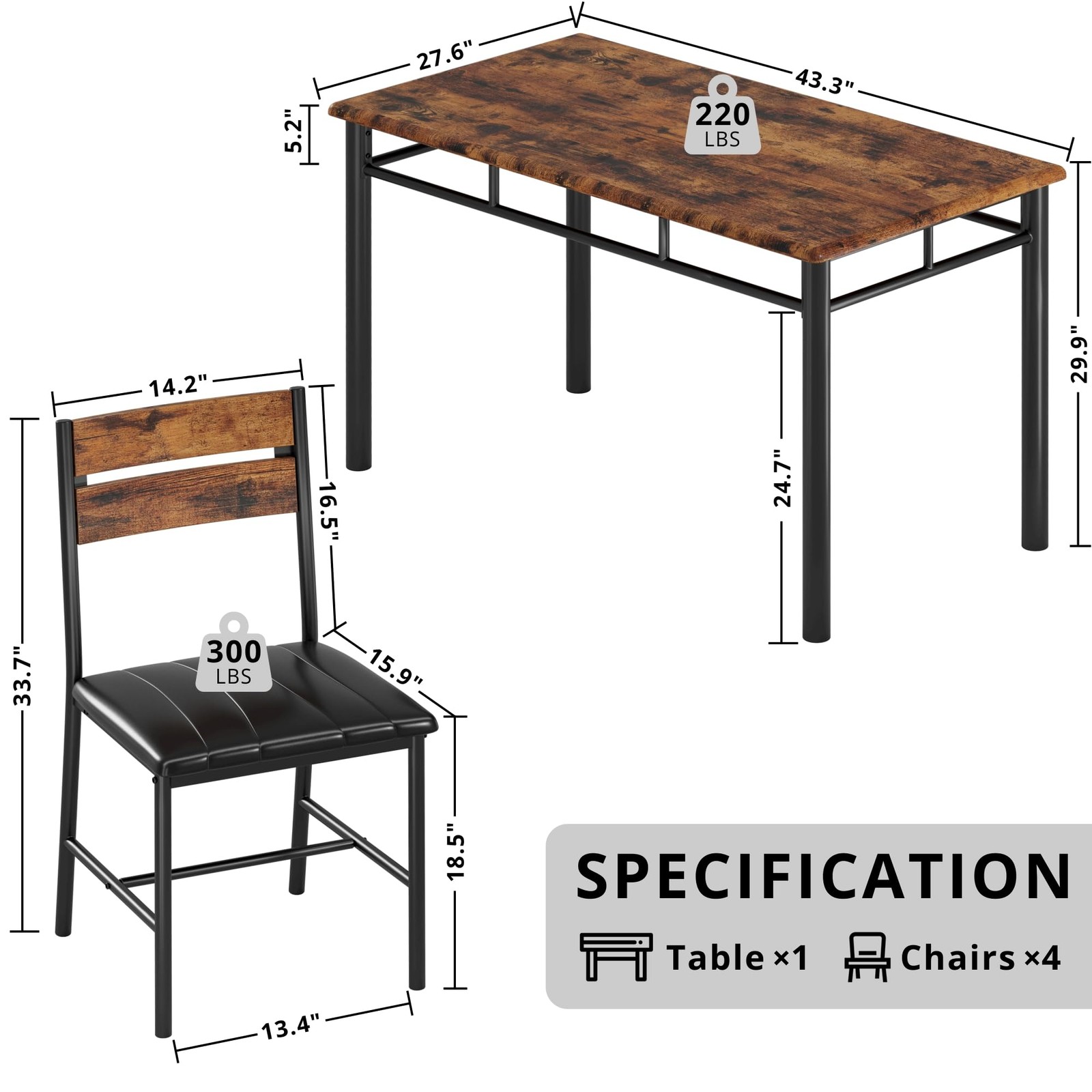 IRONCK Dining Table Set for 4, Wood Kitchen Table with Upholstered Chairs for Ki