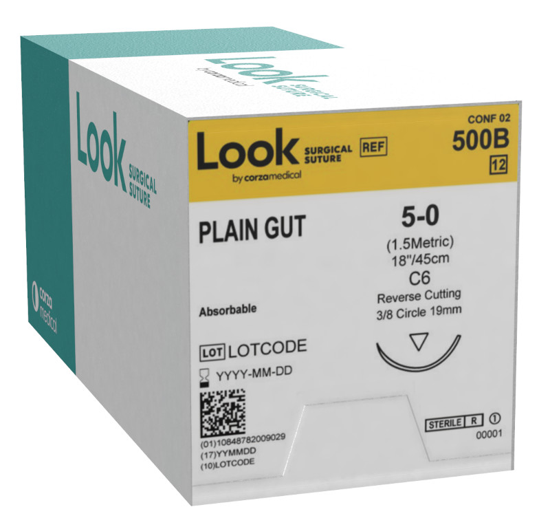 Look X500B Plain Gut Absorbable Sutures 5-0 18'' C6 3/8 Circle 19mm 12/Pk