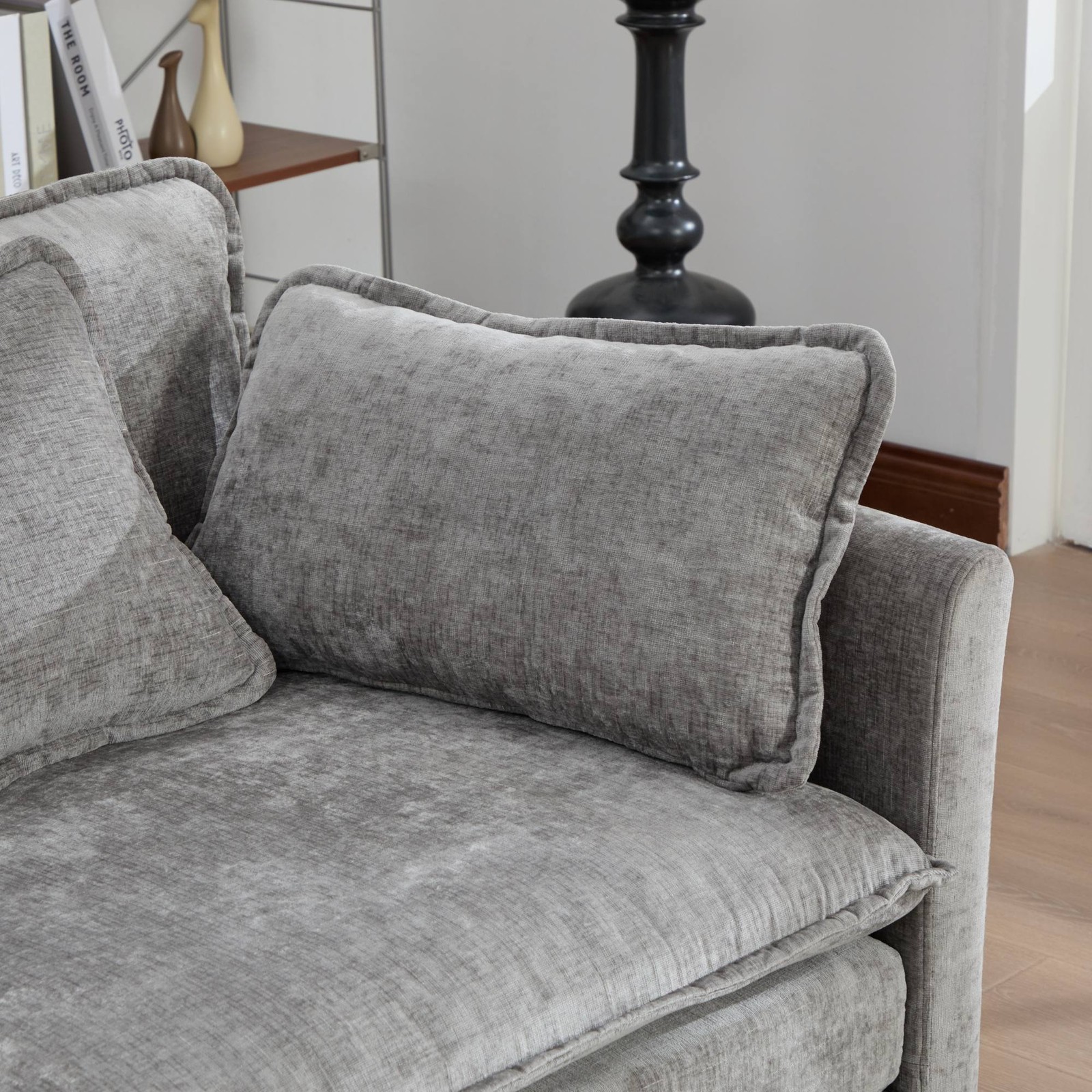 3-Seat Sectional Sofa Cloud Couch, Gray Chenille Fabric Medium-Soft