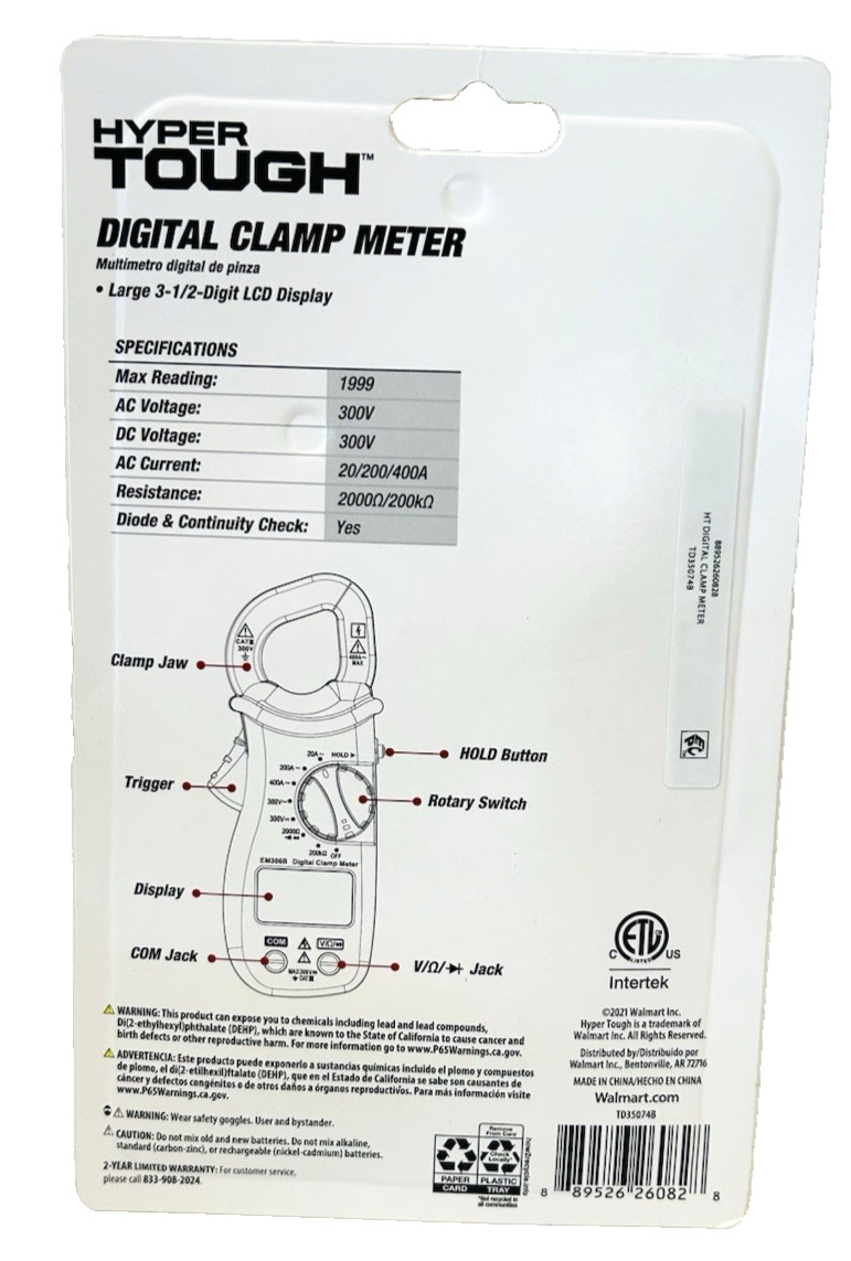 Hyper Tough Digital Clamp Meter Electrical Wire Current Tester with LCD Screen