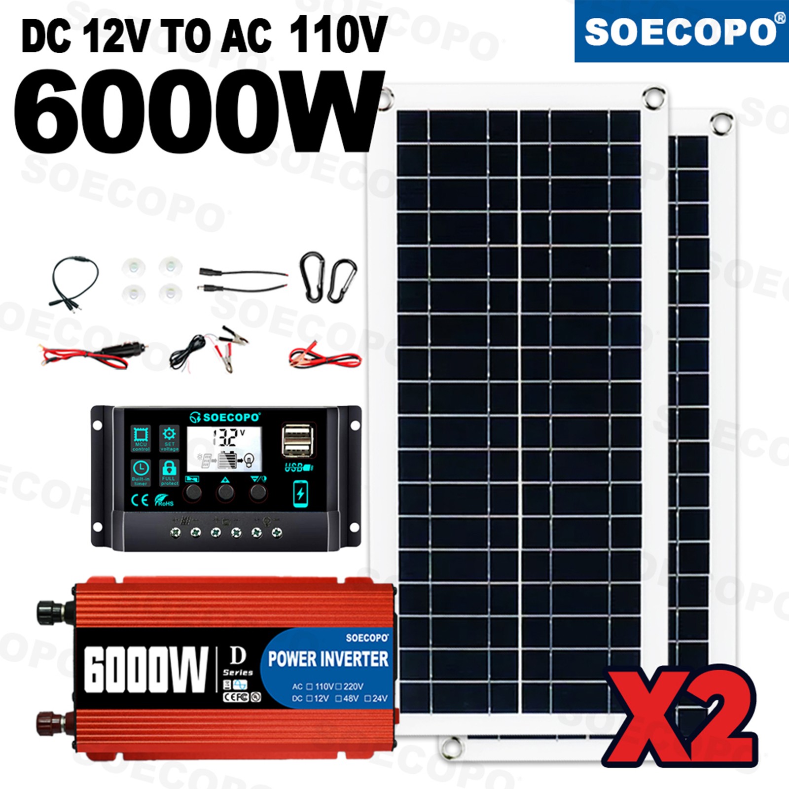Ultimate 6000W Solar Power Bundle: Inverter DC 12V - AC 110V/220V+ 2pcs Solar