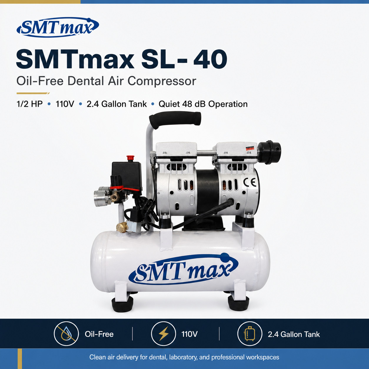 1/2HP Oil-Free Dental Air Compressor 2.4Gal 110V Quiet 48dB SMTmax SL-40