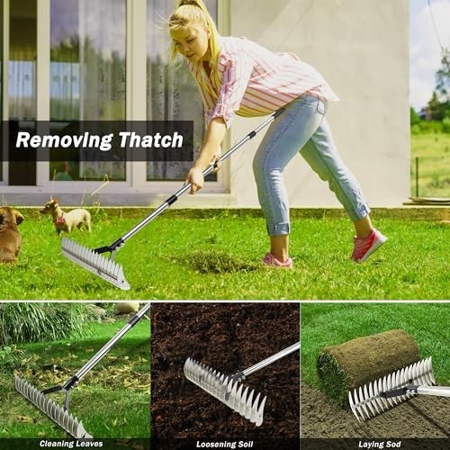Adjustable Heavy Duty Thatch Rake - Lawn Dethatcher & Soil Rake for Garden Yard