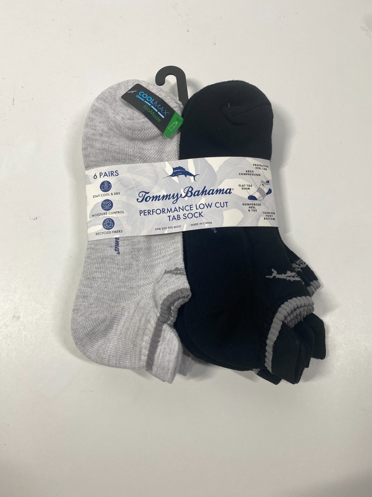 NWT Tommy Bahama Coolmax Performance Low Cut Socks One Size - 6 Pair Grey/Black