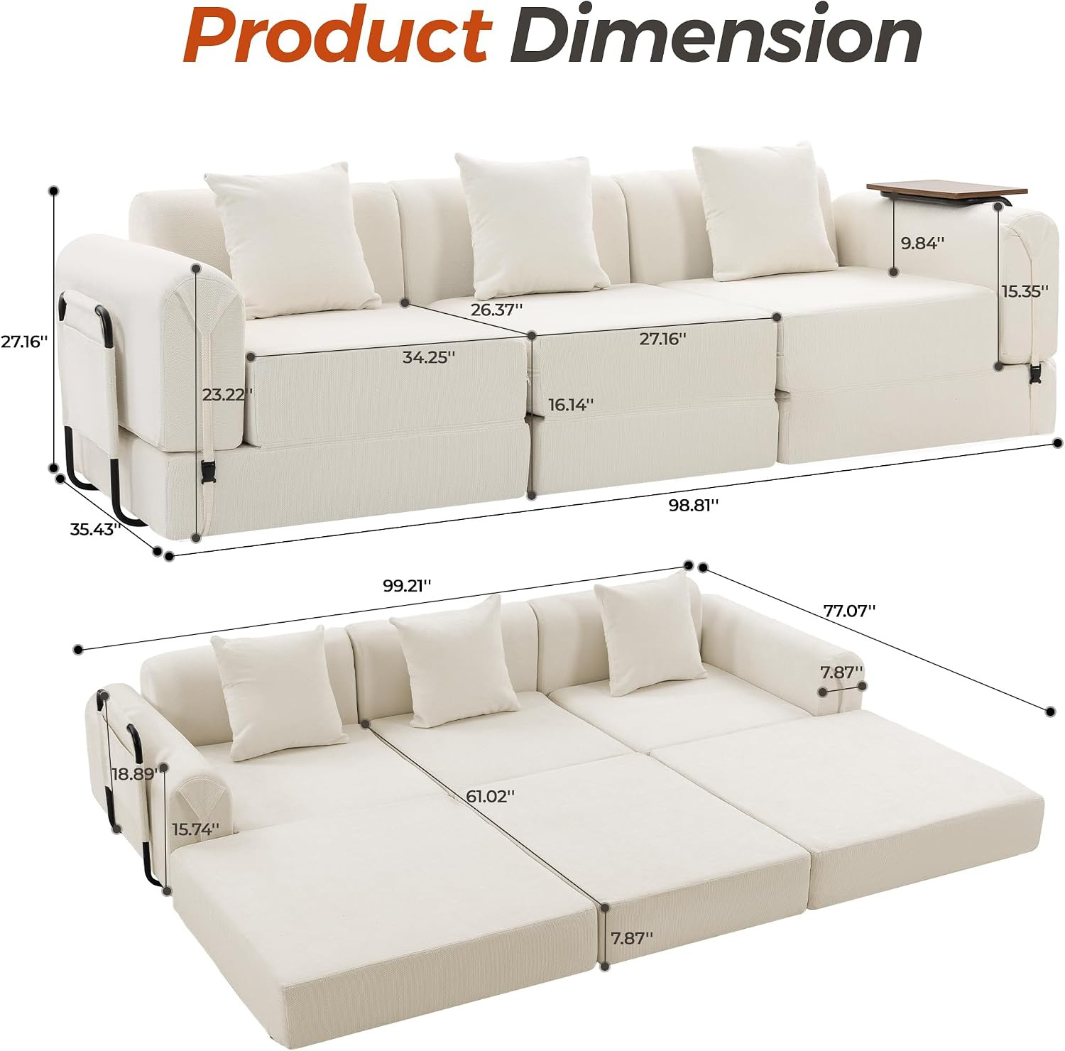 99.2" Modular Sectional Sofa Bed, Convertible Futon Sleeper Couch with Movable S