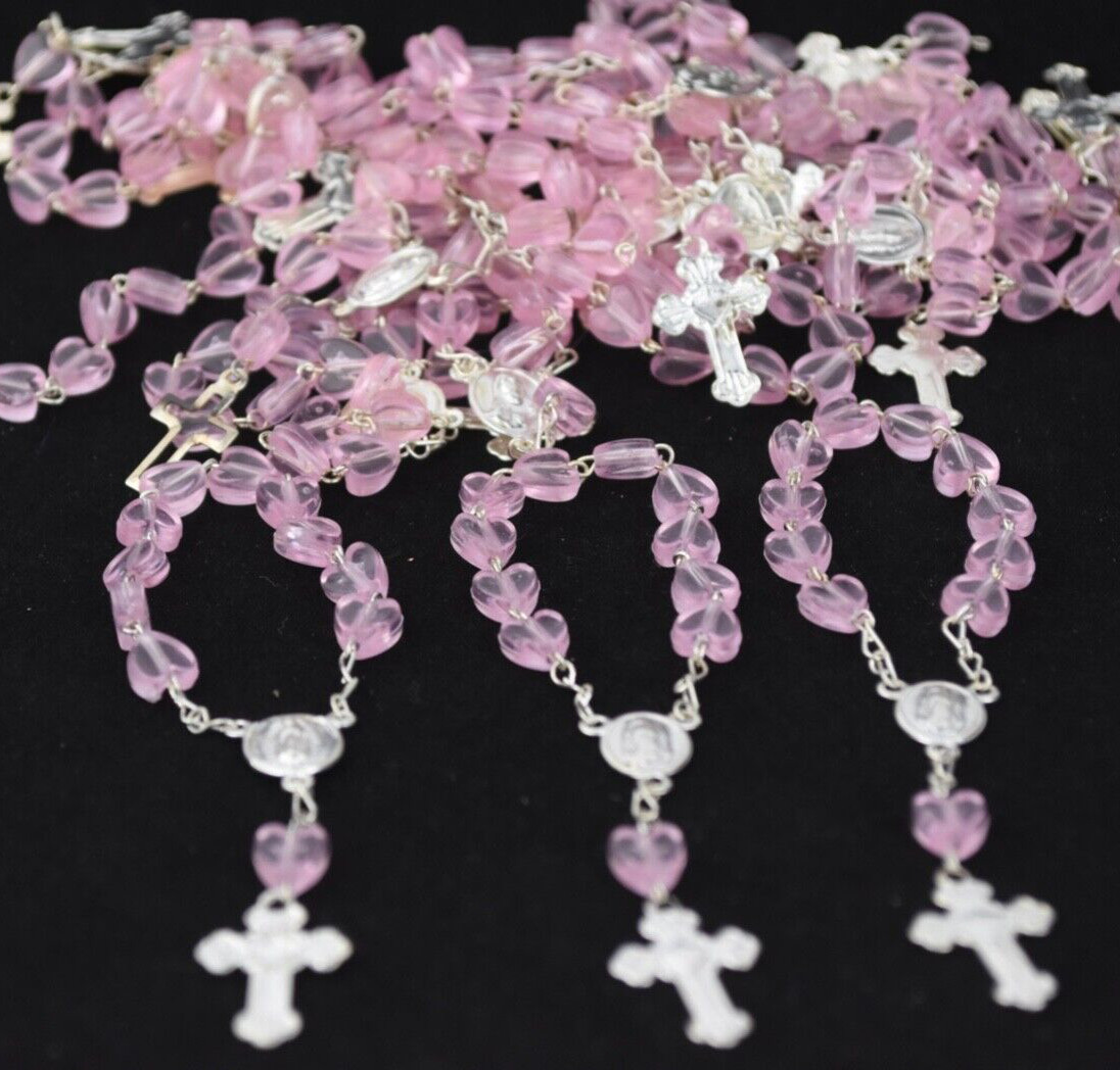 5 X RECUERDOS COMUNION ROSA FAVORS MINI ROSARY PINK HEART BAPTISM CHRISTENING HR