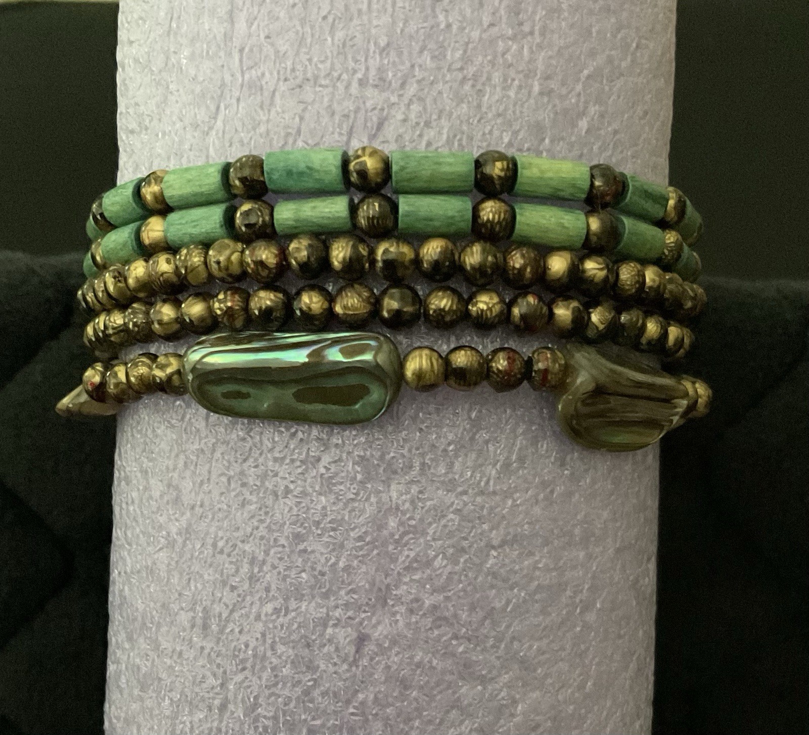 5 Handmade Bracelets: 4 Stretchable, 1 Lobster Hook Multi-Color Wood Shell Beads