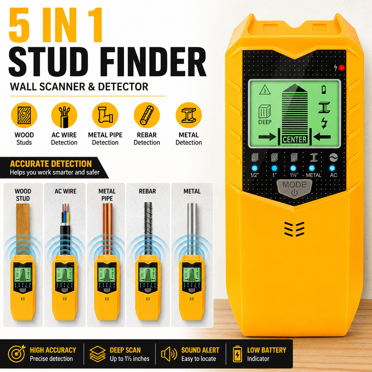 5 In 1 Stud Finder LCD Display Detector Wall Scanner For Wood AC Wire Metal Pipe