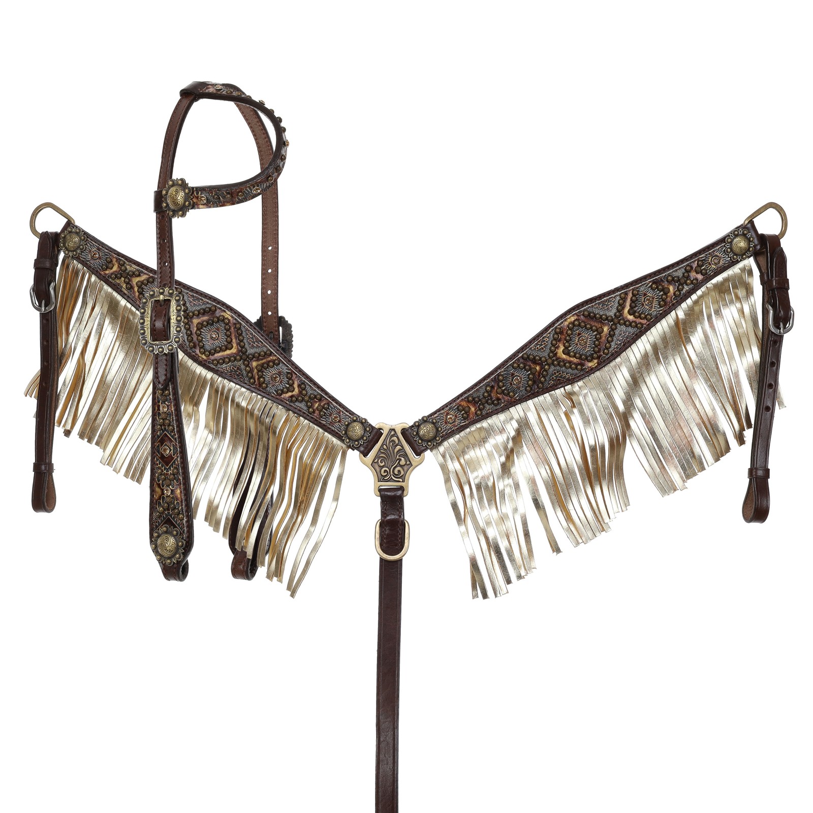 Showman Cowboy Carving One Ear Horse Headstall and Breastcollar Set