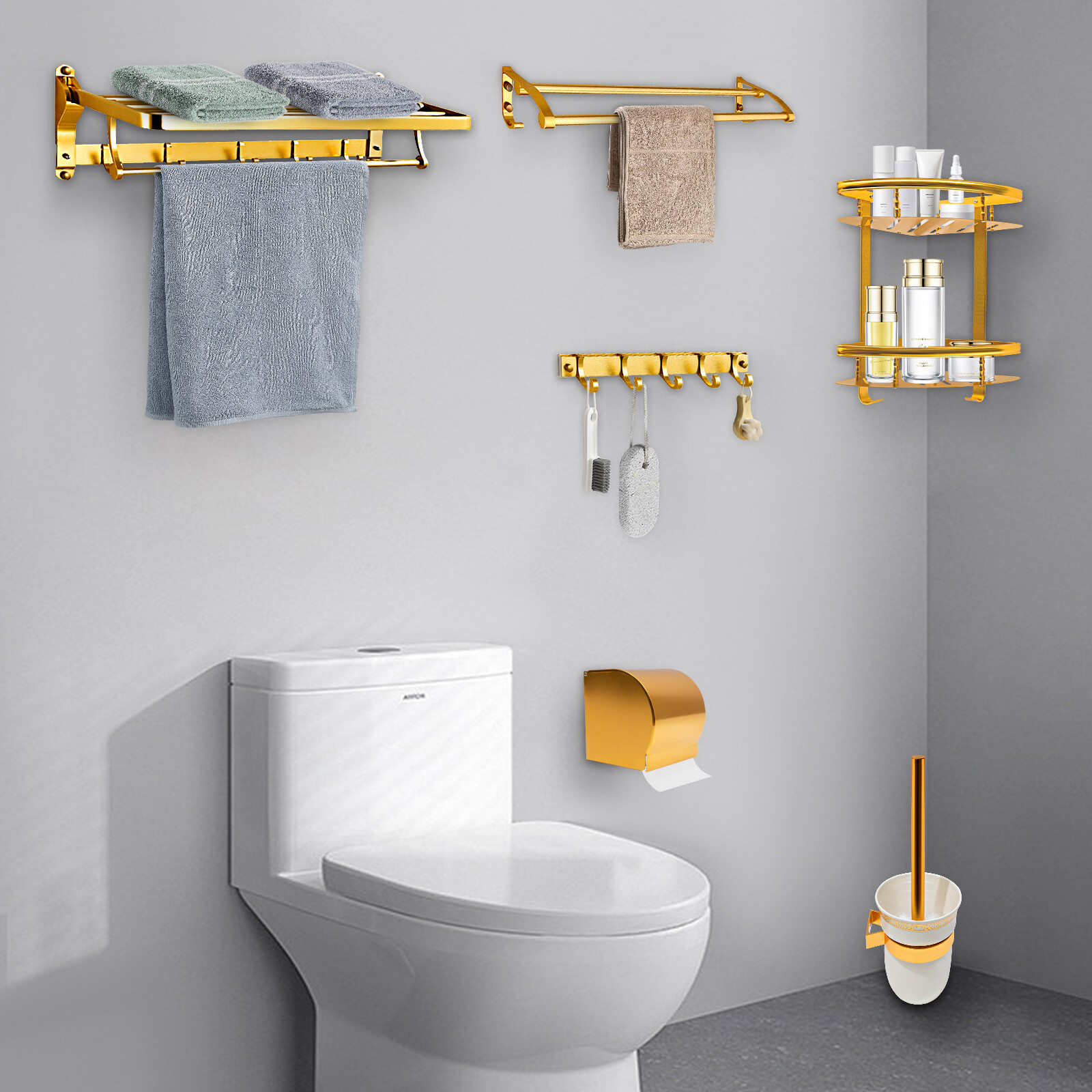 6PCS Luxury Bath Set Wall Mounted Bathroom Organizer Accessories Towel Shelf US