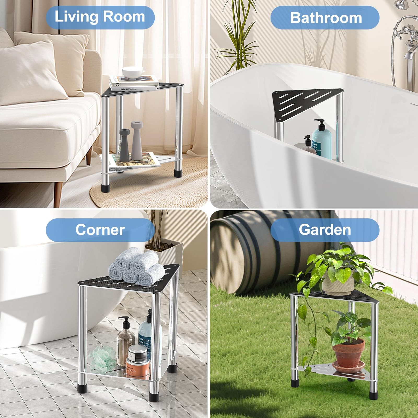 Stainless Steel Shower Stool for Inside 15.4'' H Foot Rest Corner with Storage