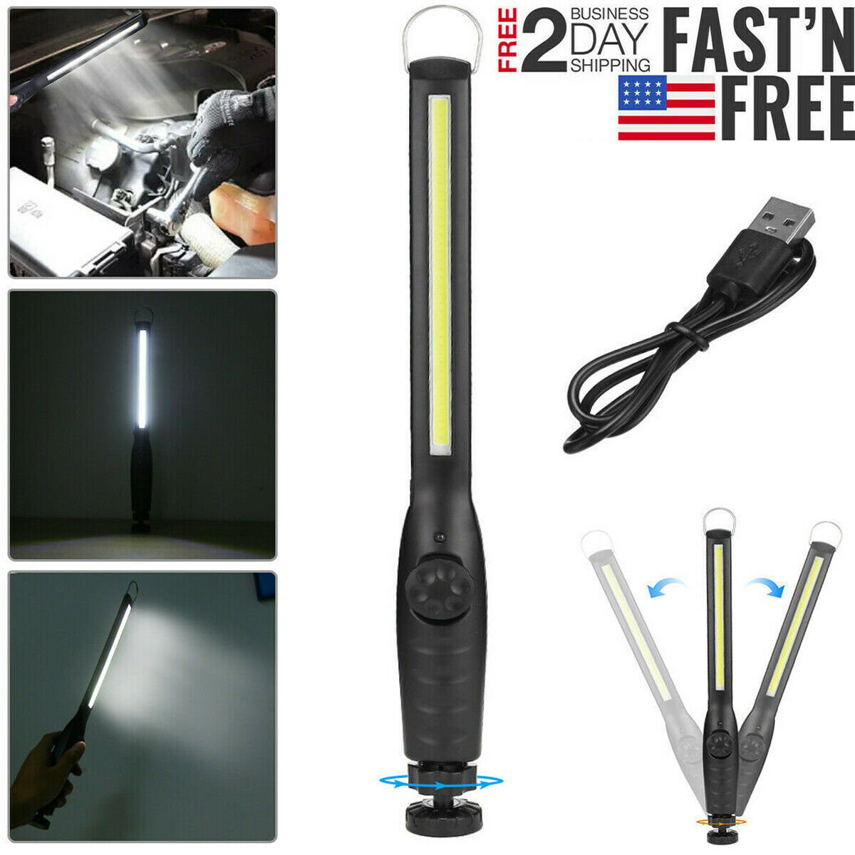 2PCS Rechargeable COB LED Work Light Car Garage Mechanic Inspect Lamp Flashlight