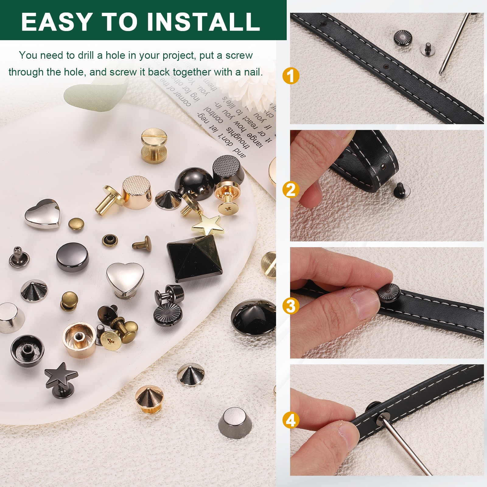 24 Pcs Flat Head Button Stud 18mm Screw Back Rivets Stud Set, Black