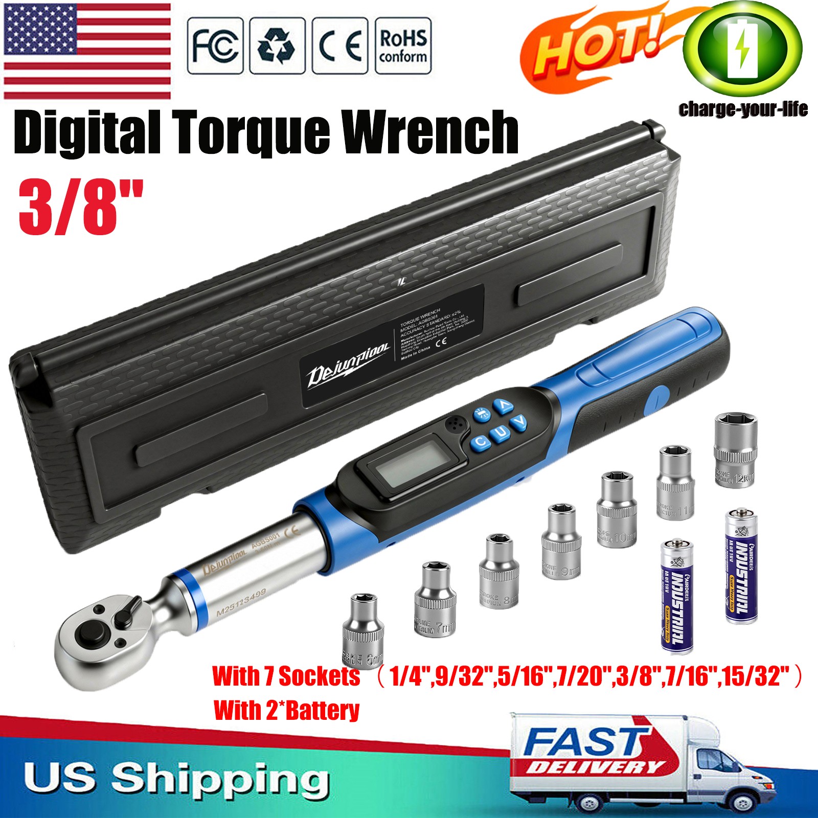 ✅3/8" Drive Digital Torque Wrench Adjustable Electronic Torque Wrench 3-60NM US