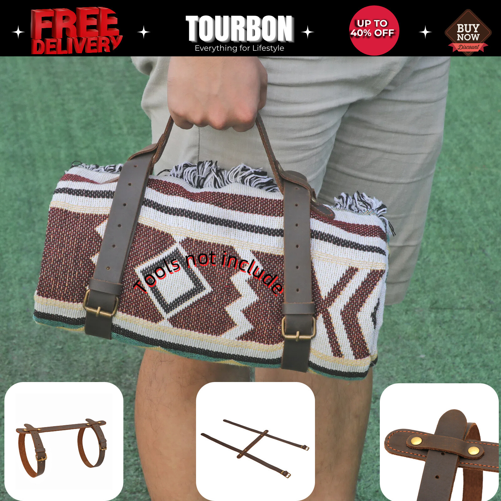 TOURBON Real Leather Picnic Blanket Mat Carry Strap Camping Belt Bedroll Strap