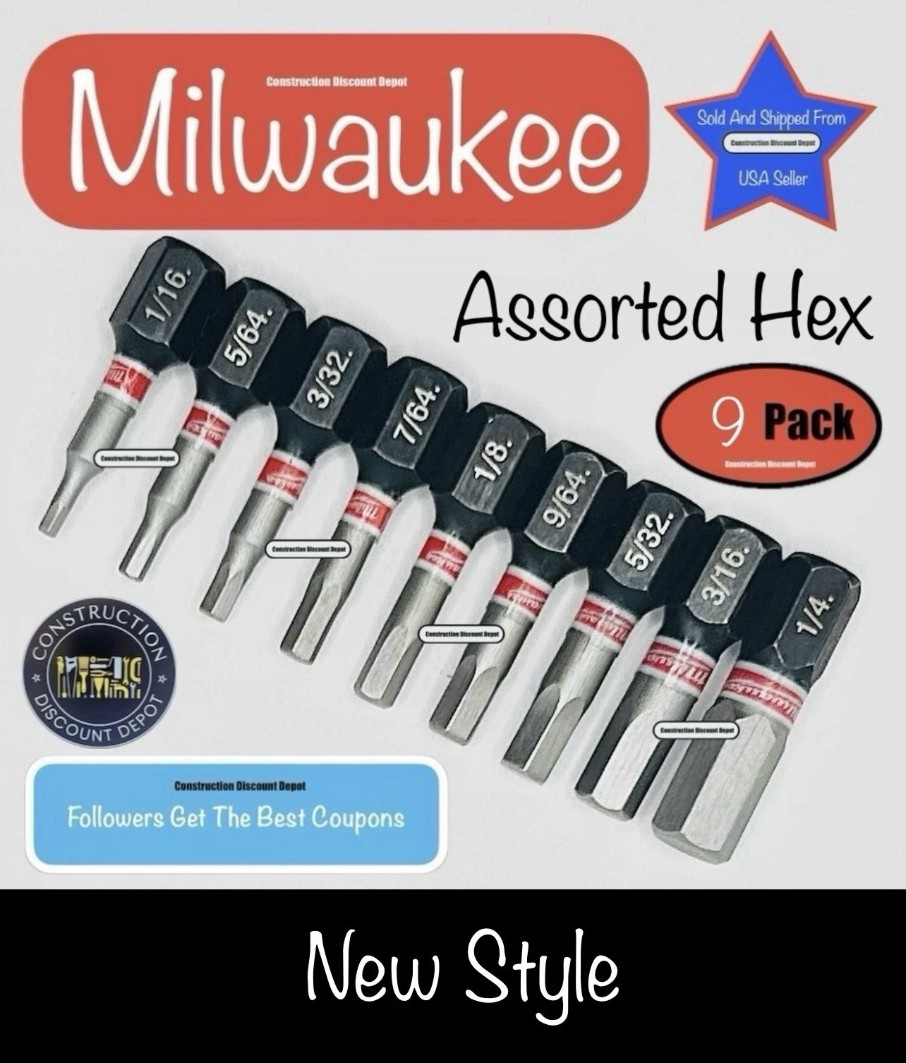 9 Piece Milwaukee Shockwave Impact Hex Allen Insert Drill Bit 1" In Set 1 In.