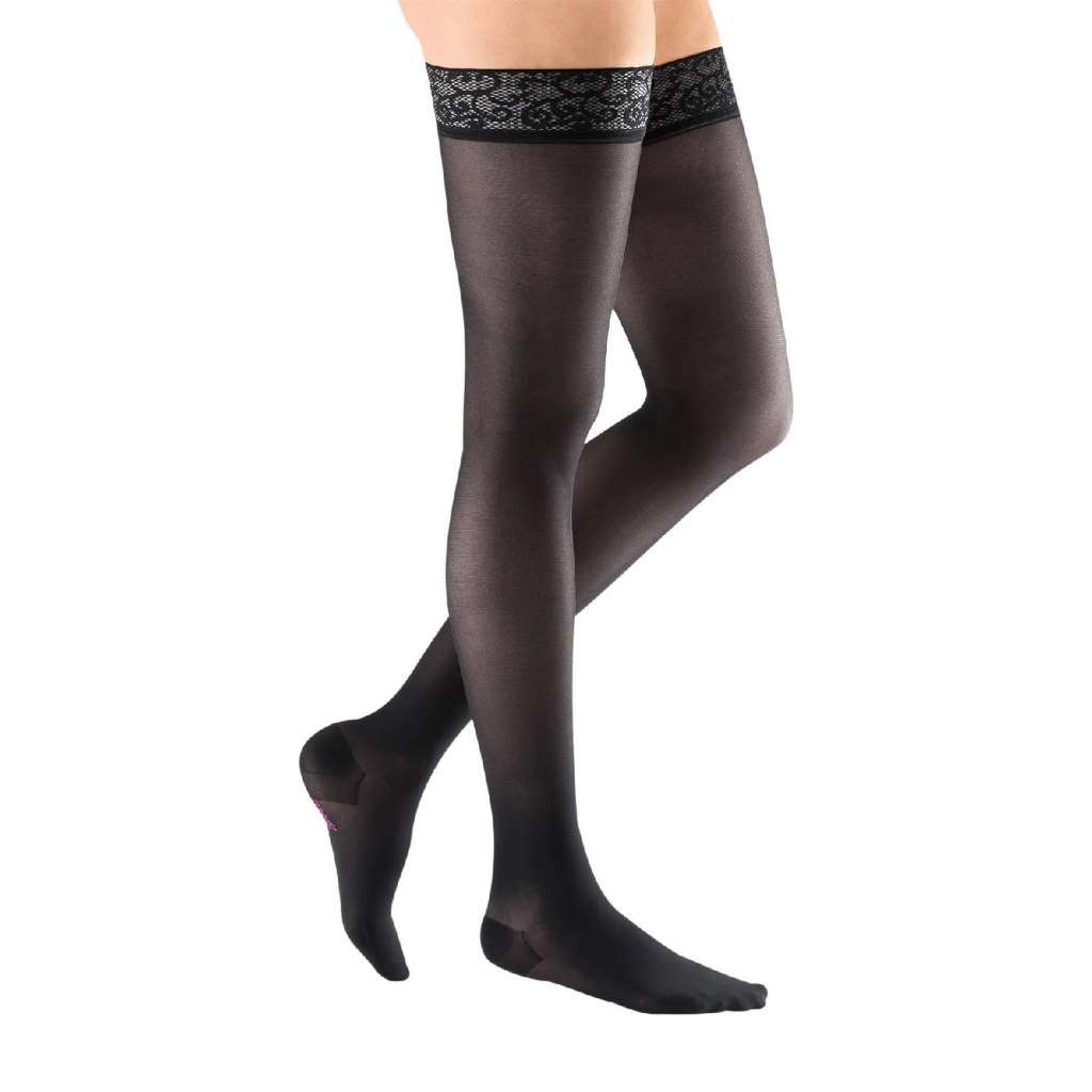 MEDI Sheer & Soft Thigh Highs Silicone Lace Band 8-15mmHg (Ebony) Size: B