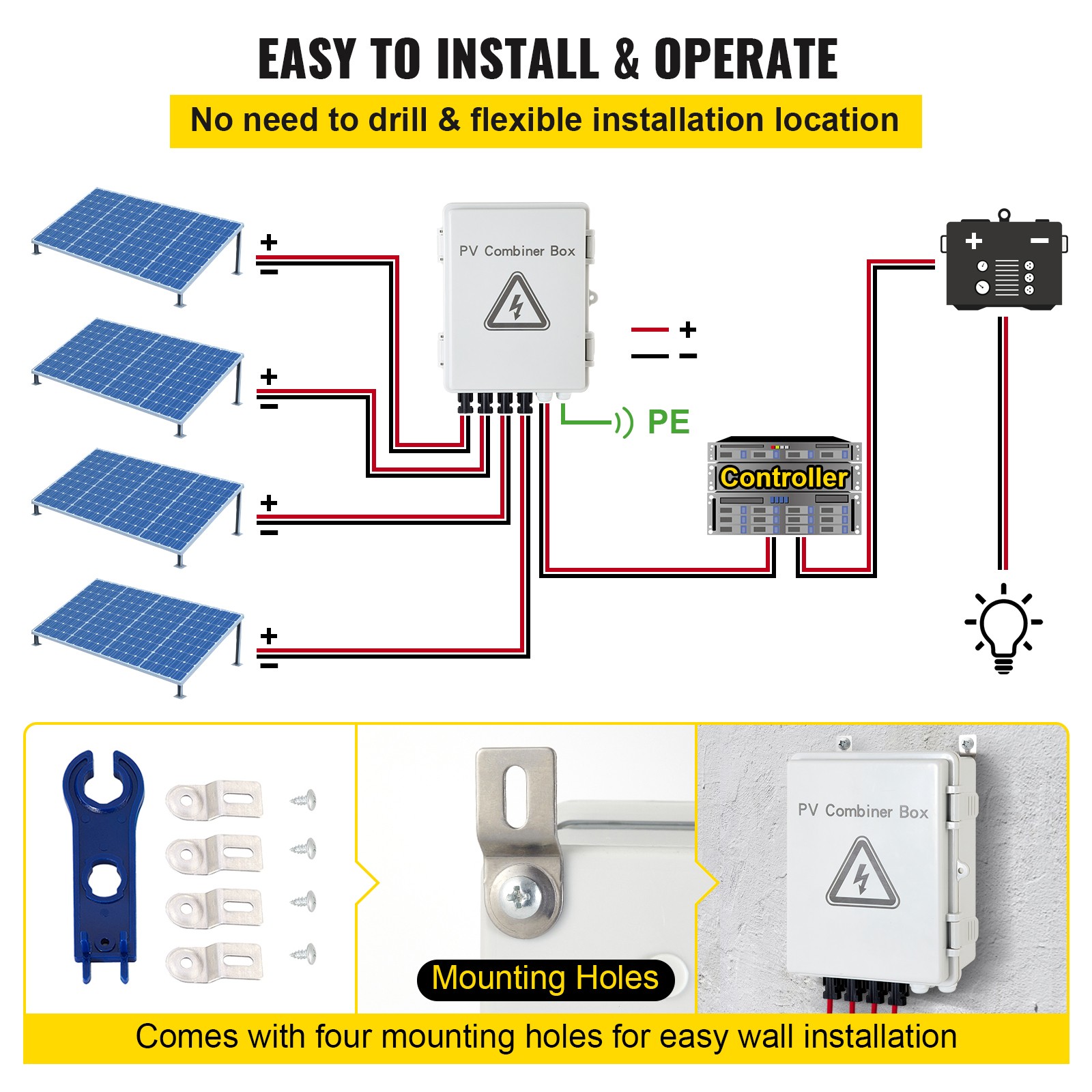 Uimoso Solar PV Combiner Box 4 String 15A for Solar Panel System, ABS Case, IP65