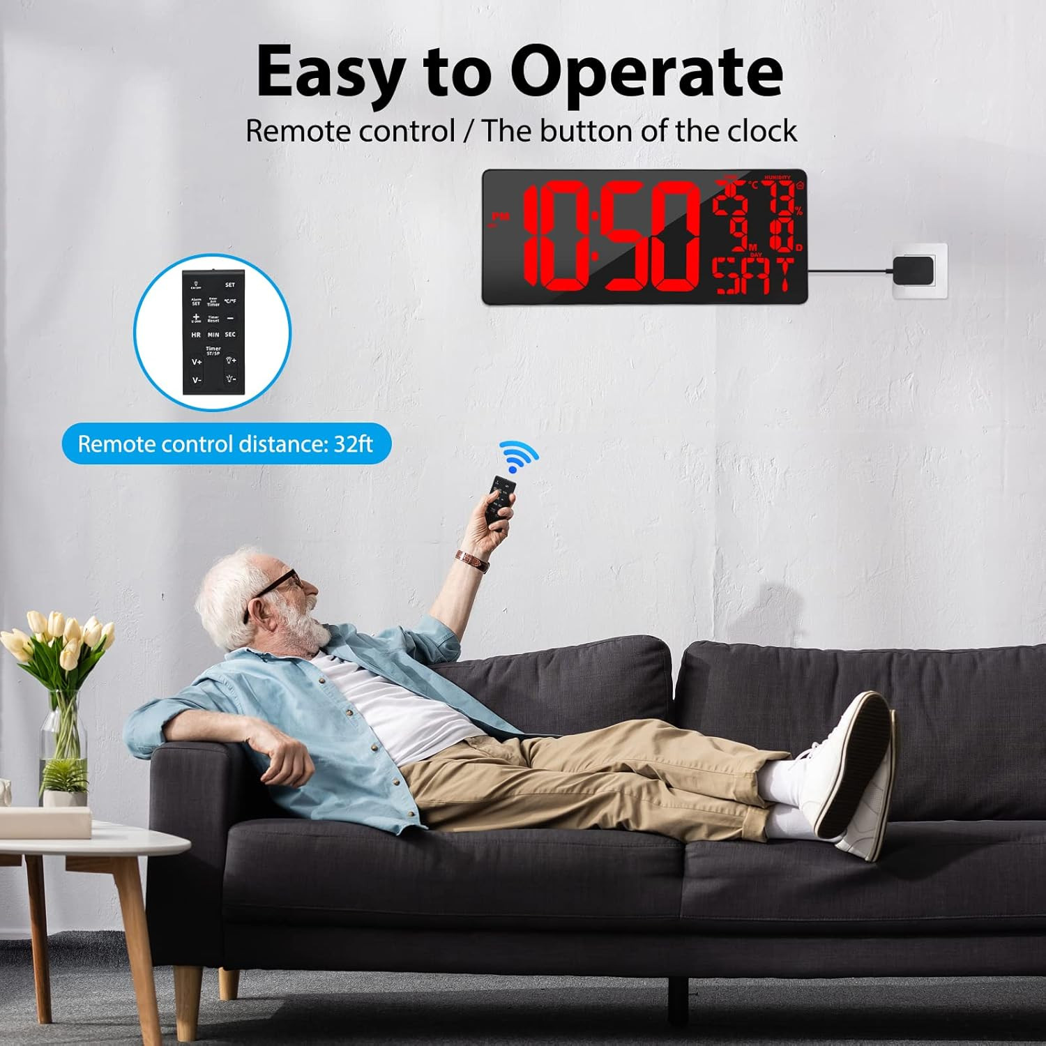 [Oversized] 18" Large Digital Wall Clock with Remote Control, Auto-Dimming Digit