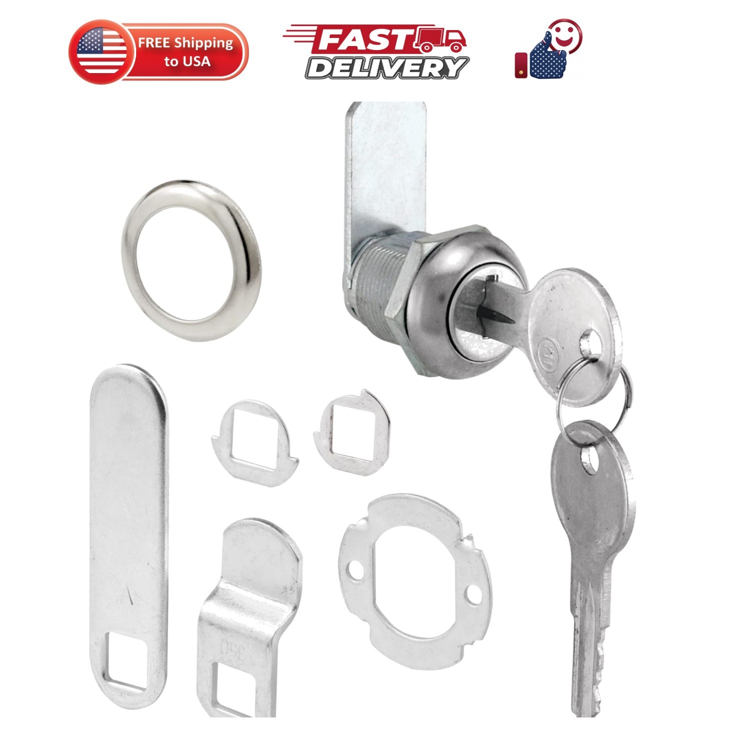 U 9941 Diecast Drawer and Cabinet Lock, 3 Cams, Trim Collar, 2 Washers, 2 Key...