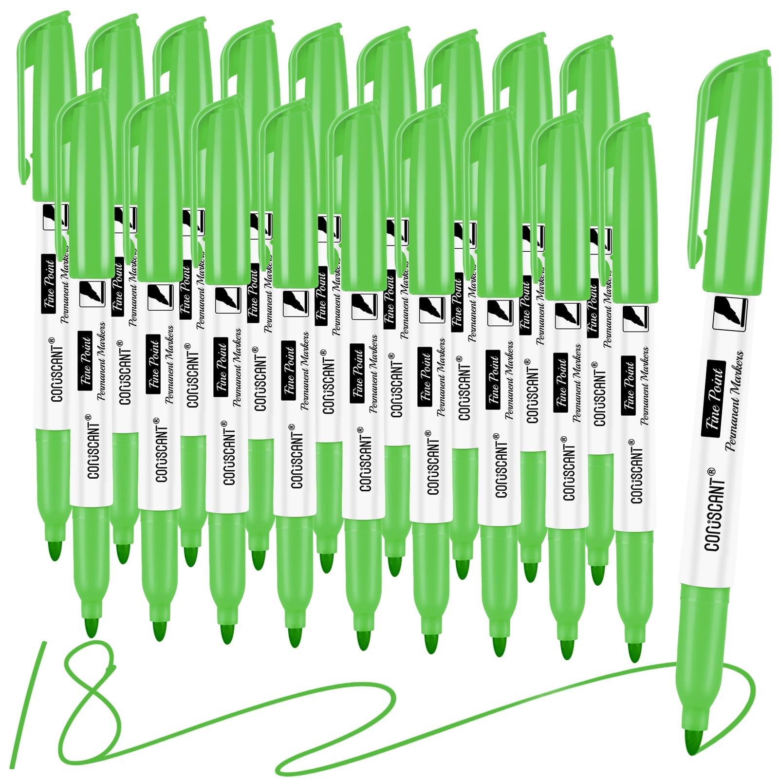 Green Permanent Markers Fine Point 18 Pack - Quick Dry, Waterproof Ink for All