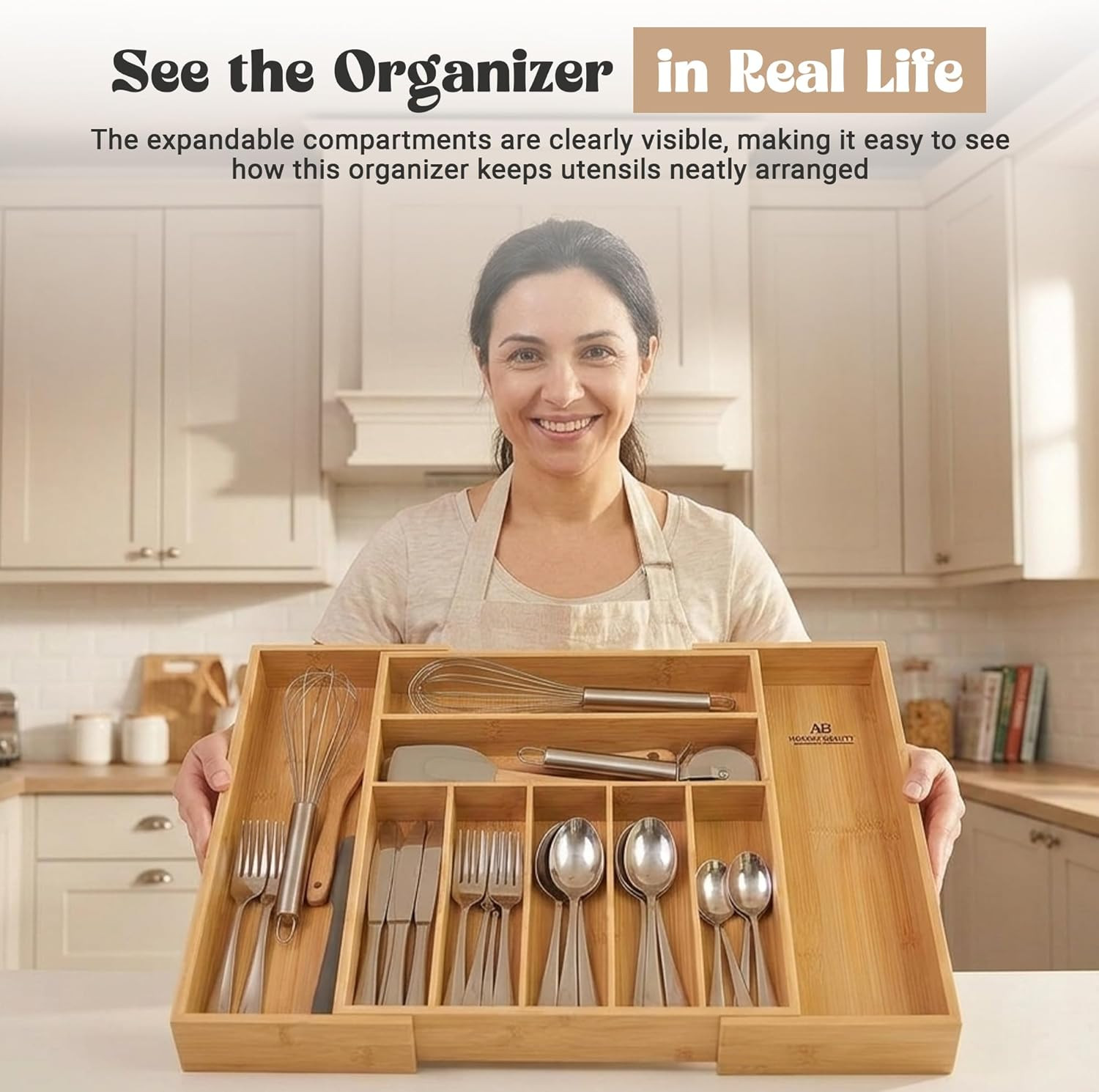 Expandable Bamboo Drawer Organizer for Kitchen Utensils - Adjustable Silverware