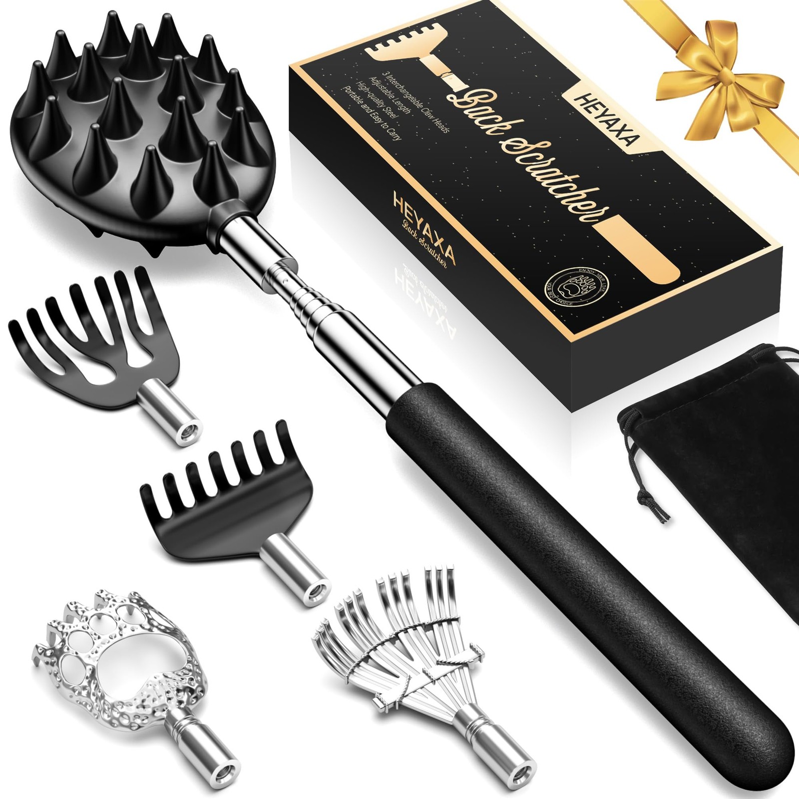 Telescoping Back Scratcher with 5 Detachable Heads, Regular, Inc Black