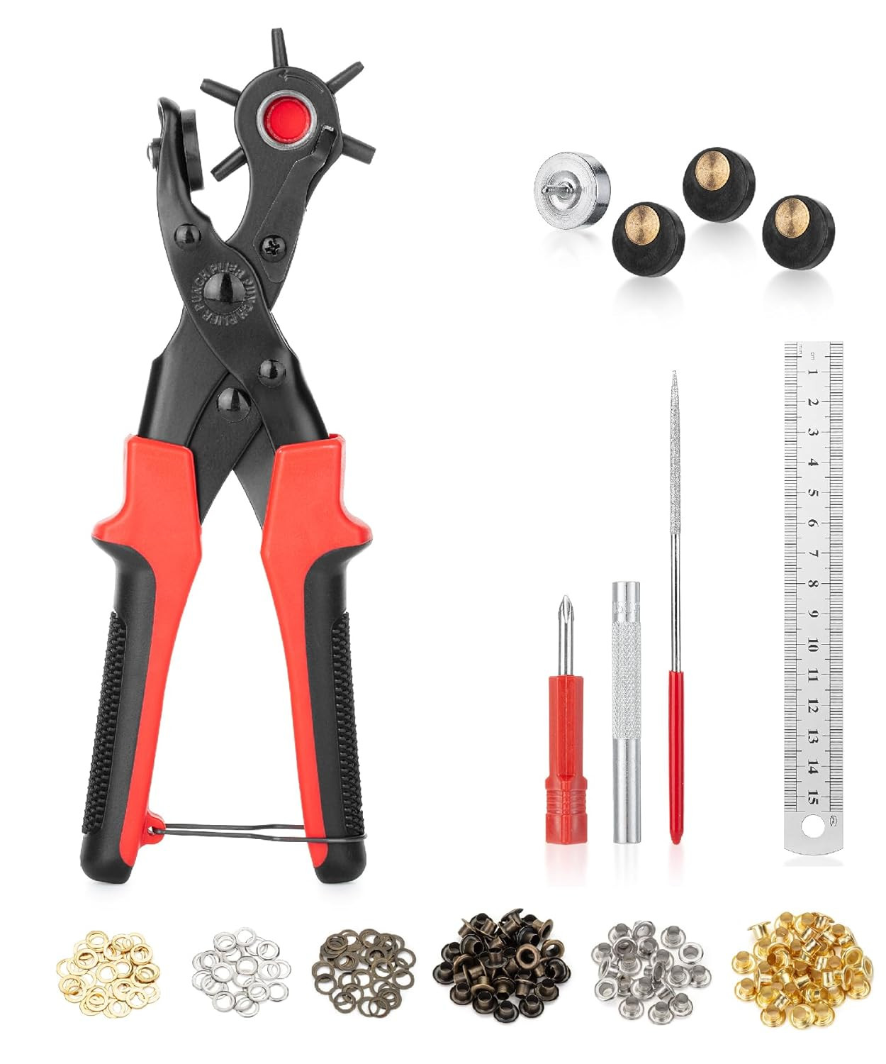 - Leather Hole Punch Tool Set, Red Handle, Multi Punch Sizes, Belt Hole Puncher