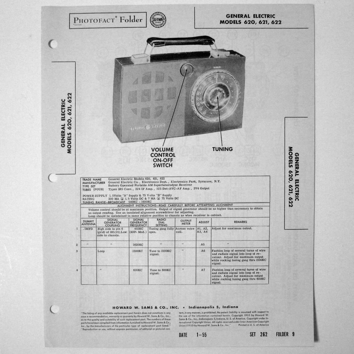 GE General Electric Models 620 621 622 Radio - SAMS Photofact ™ 1955 - New