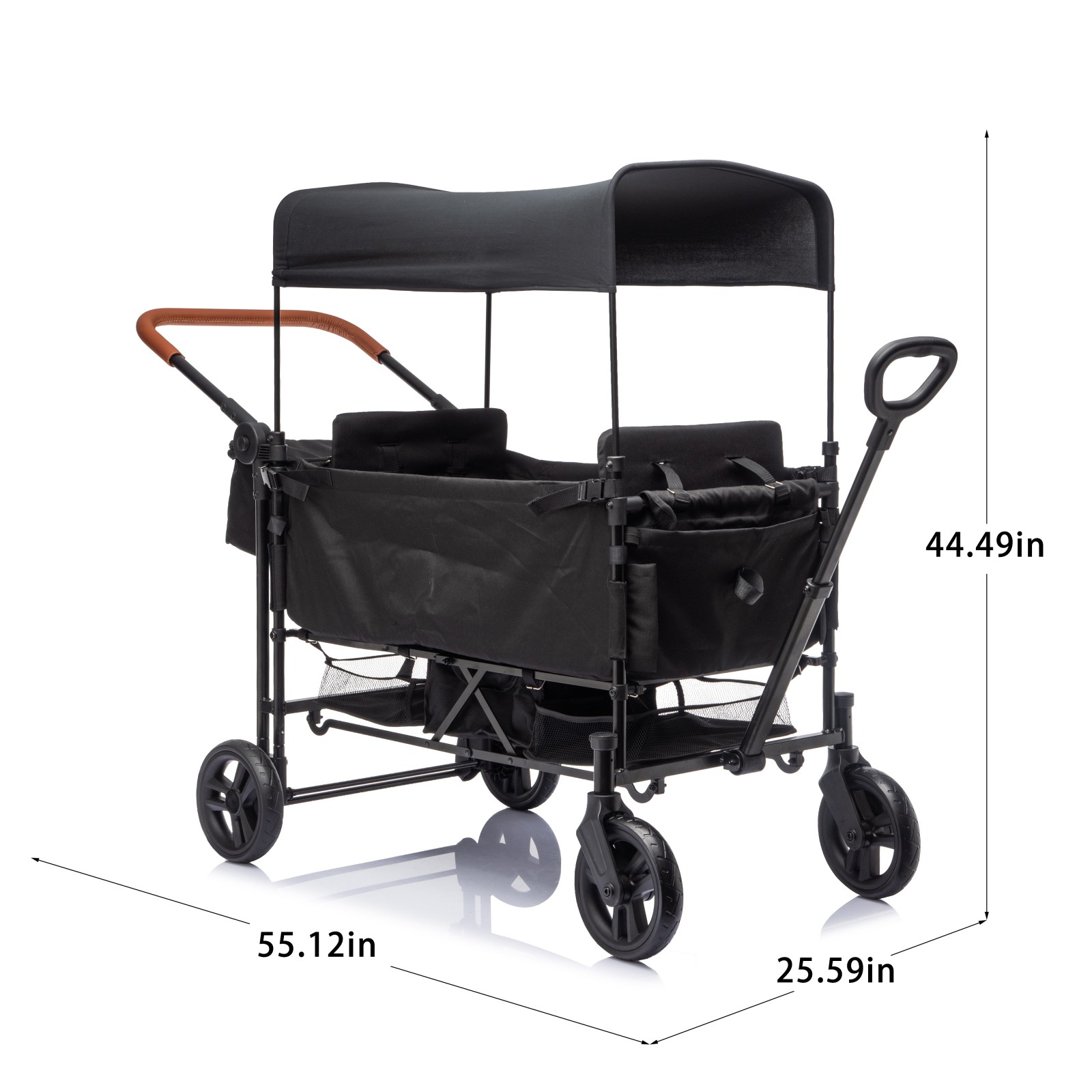 2 Kids Wagon Stroller, Adjustable Handle, 8" PU Wheels, Foldable Frame