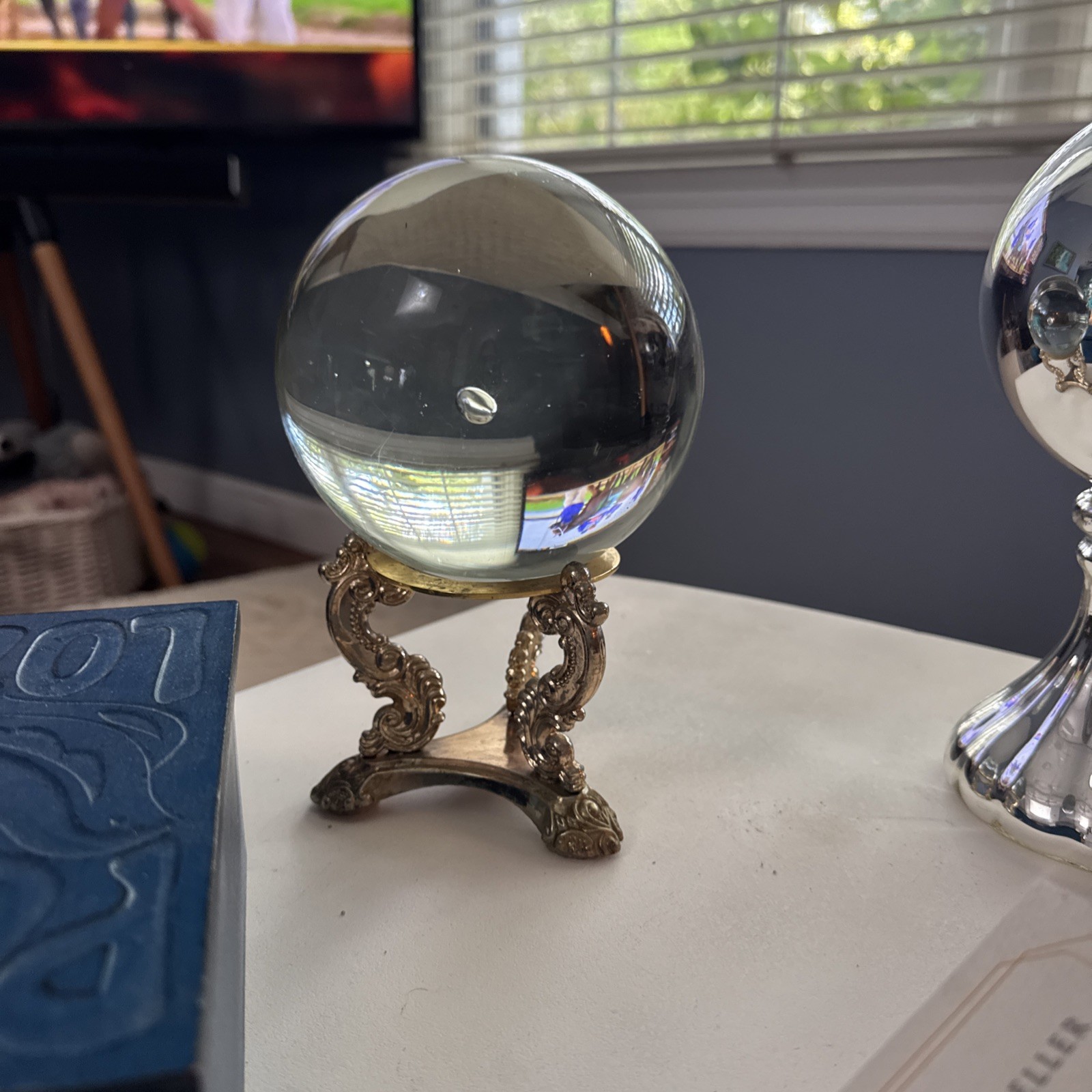 5” Vintage Clear Crystal Glass Ball Sphere On Brass Dragon Stand