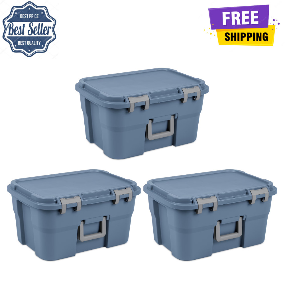 3 Pack Sterilite Footlocker Storage Trunk, Blue, Heavy Duty Organizer, Lockable