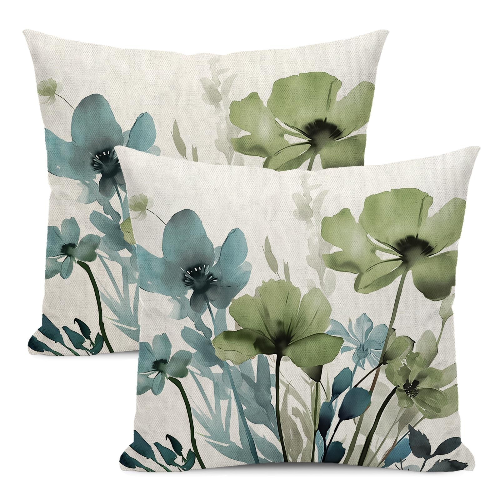 Spring Floral Pillow Covers 18x18 Inches Set of 2 Sage Green Blue Floral Thro...