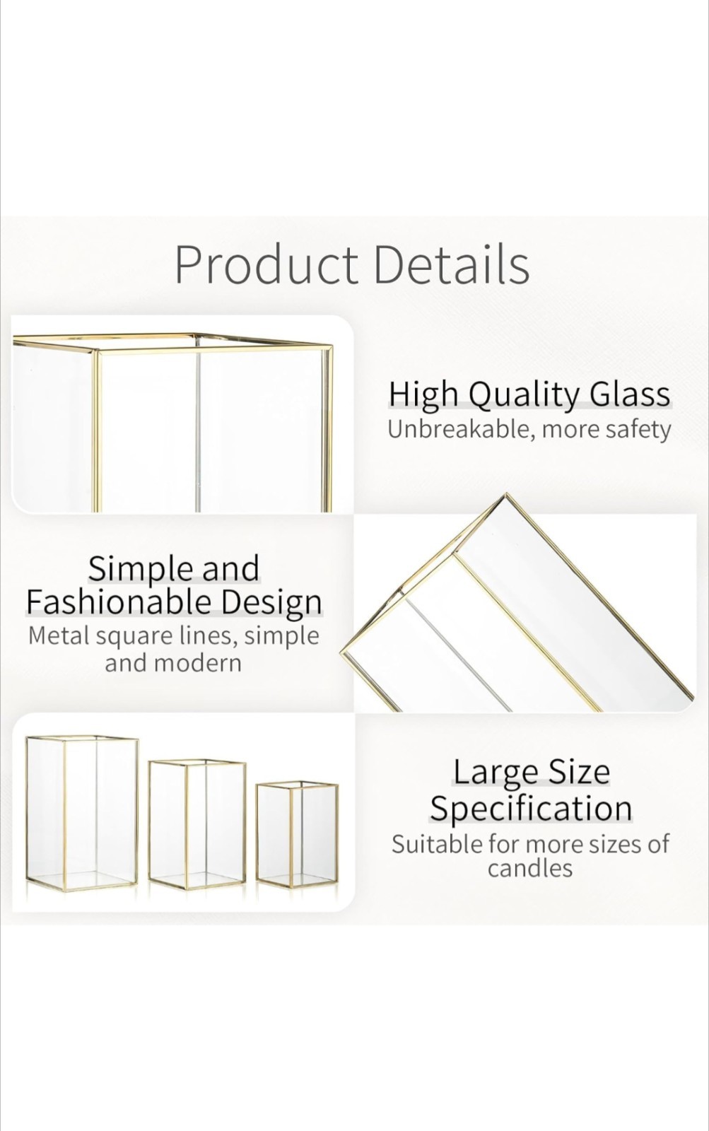 Glass Hurricane Candle Holder: 3 Pcs Gold Large Rectangular Lantern