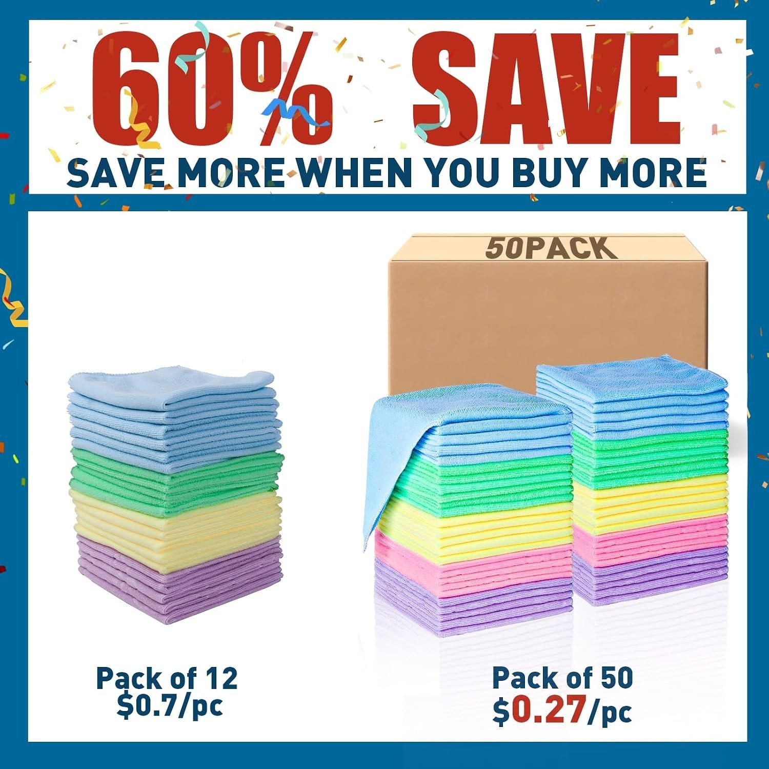 Reusable Microfiber Cleaning Towels - 50 Pack, Lint-Free & Machine Washable