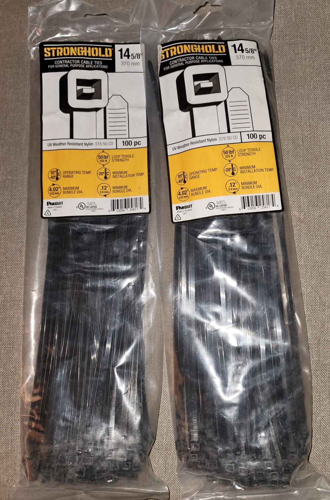 Lot of 2 100pc PANDUIT 14 5/8"  15" STRONGHOLD Black Cable Tie S15-50-C0