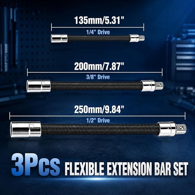 3Pcs Flex Socket Extension Bar Set 1/2",3/8",1/4"