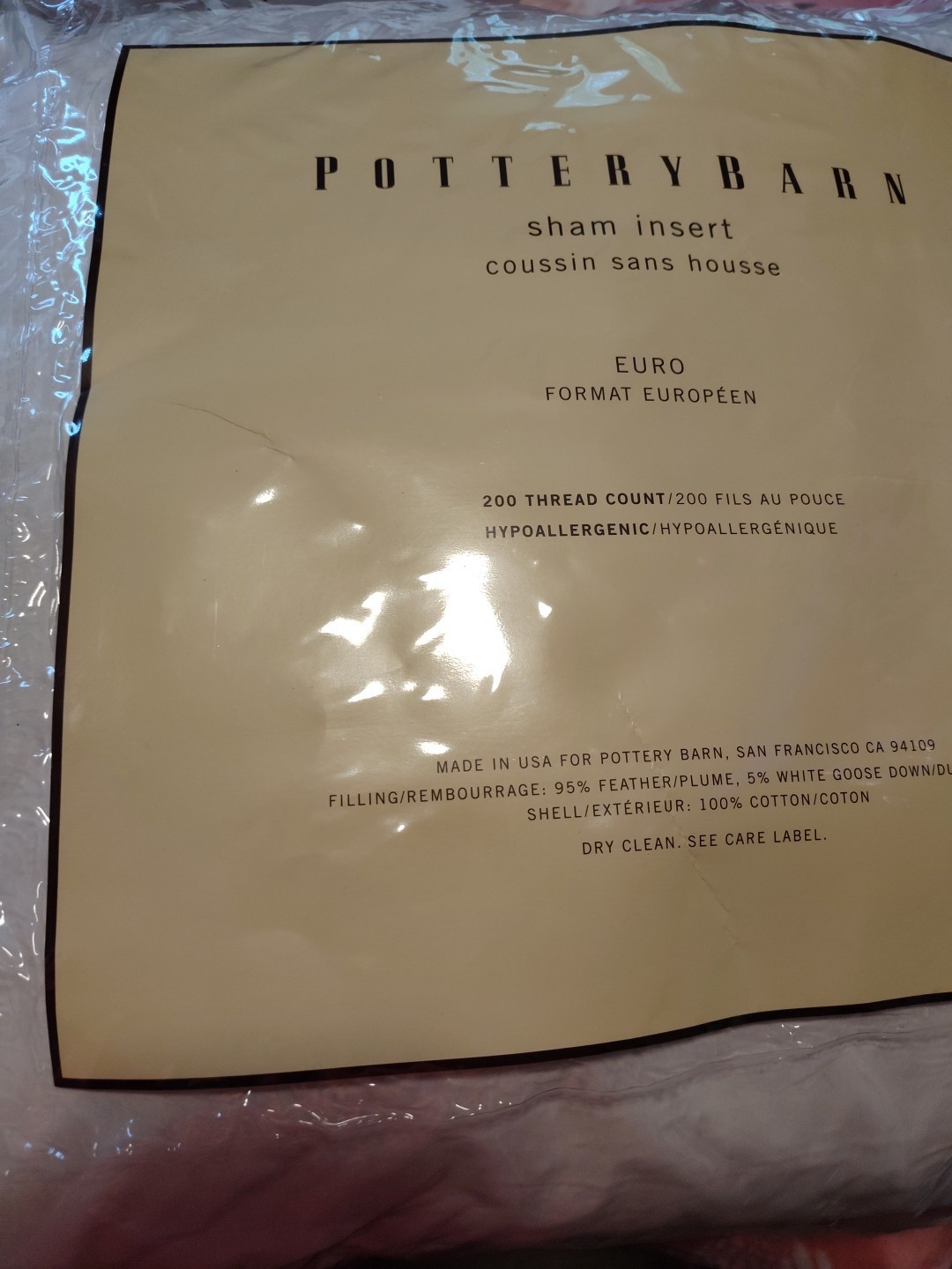 POTTERY BARN SHAM INSERT EURO 200 THREAD COUNT