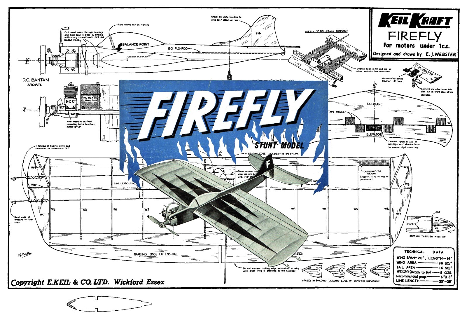 Model Airplane Plans (UC): Keil Kraft FIREFLY 20" Stunt for Under 1cc Motors