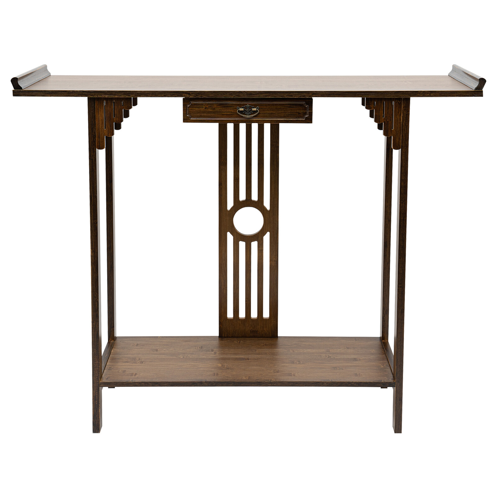 2 Tiers Walnut Sofa Table Bamboo Entryway Table Table With Storage Shelves