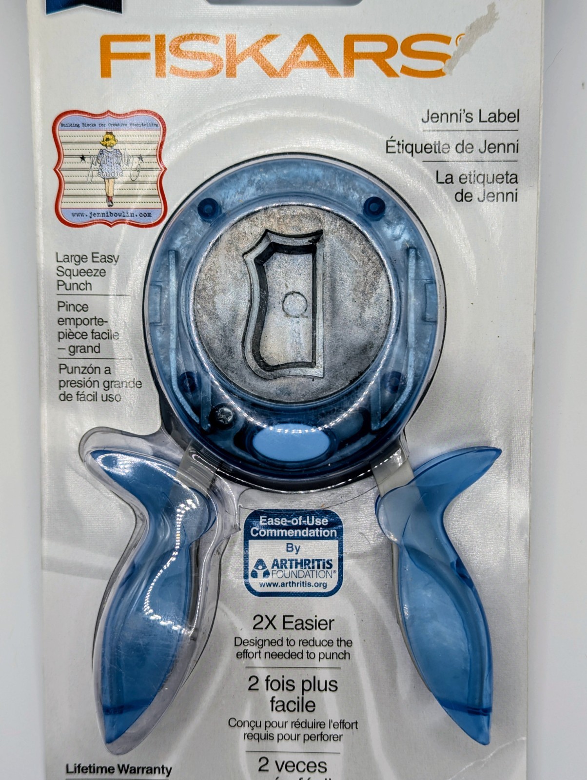 FISKARS Large Easy Squeeze Punch - Jenni's Label 1.25"x.75" Size, NIP