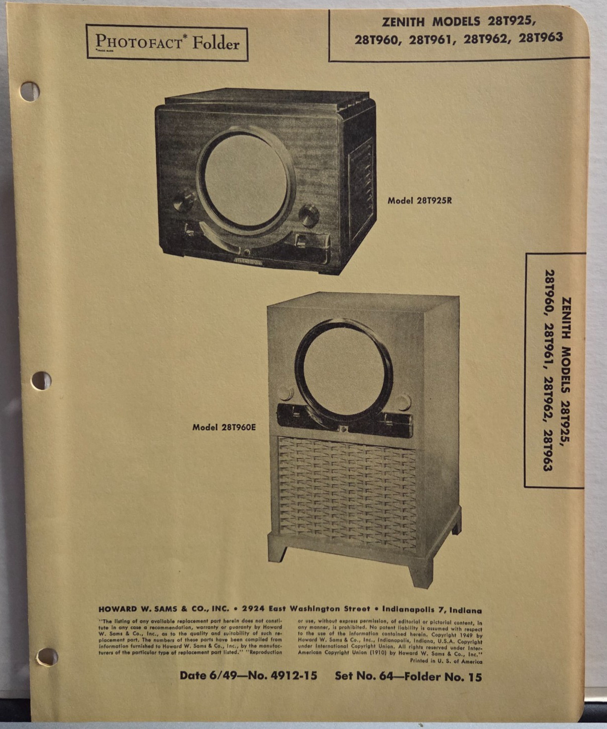 SAMS TELEVISION SERVICE MANUAL 64-15 ZENITH 28T295 28T960 28T961 28T962 28T963