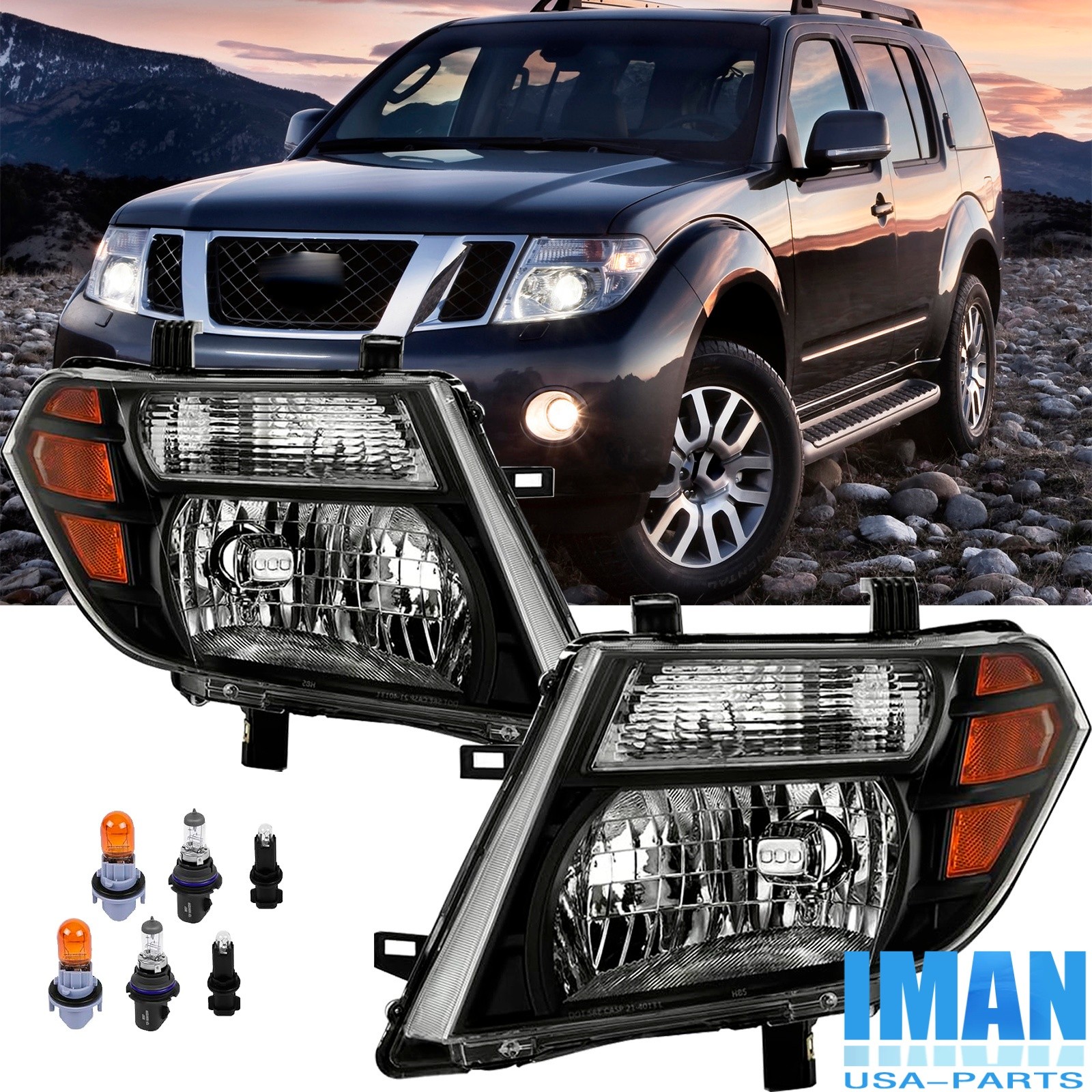 1 Pair Black Housing Amber Concer Headlights Headlamps For Pathfinder 2008-2012