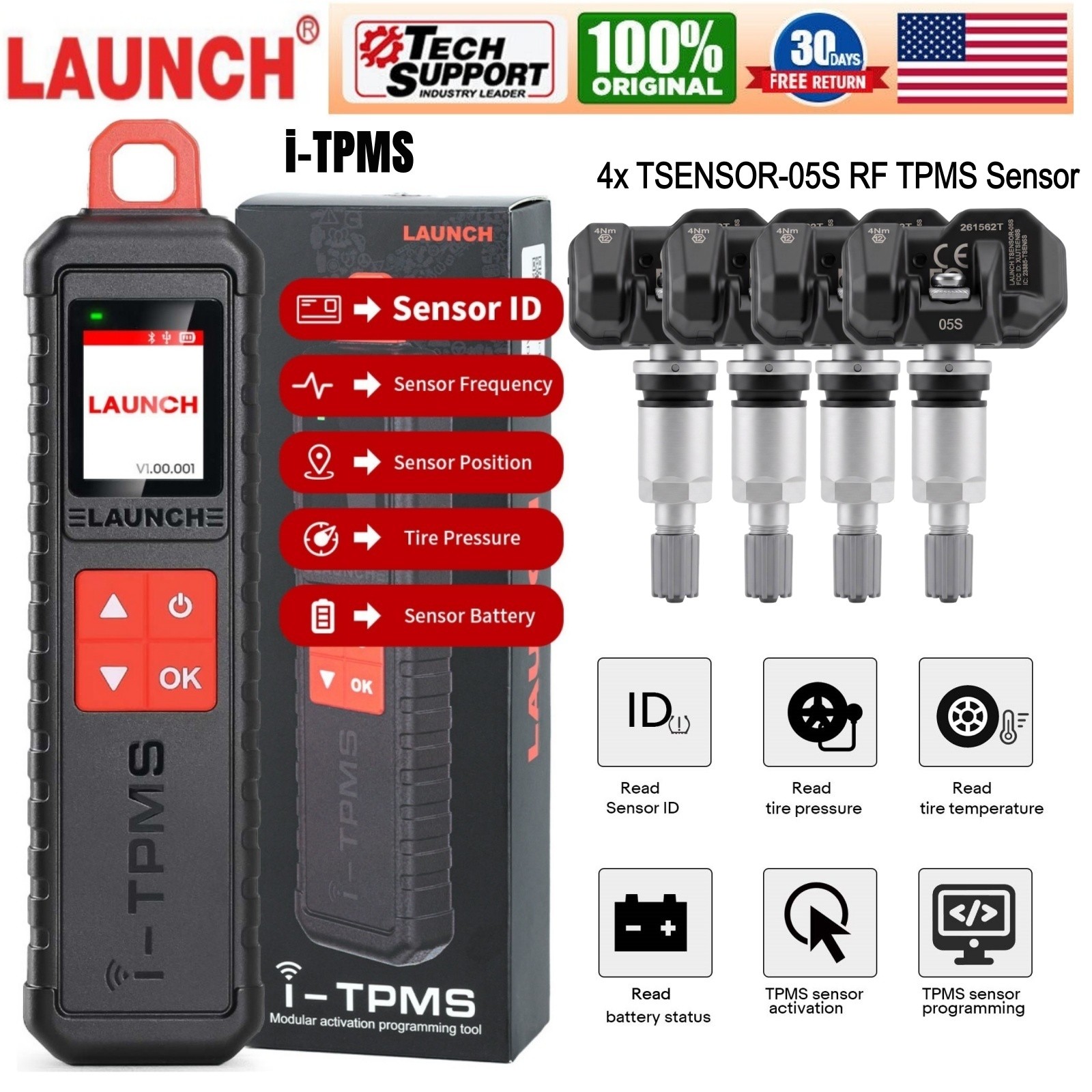 Launch i-TPMS TPMS Activation Programming Relearn Tool & 4x TSENSOR-05S Sensor