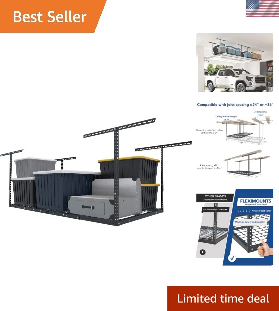 Durable 3x6 Overhead Garage Storage Rack - 450lbs Capacity, Adjustable Height