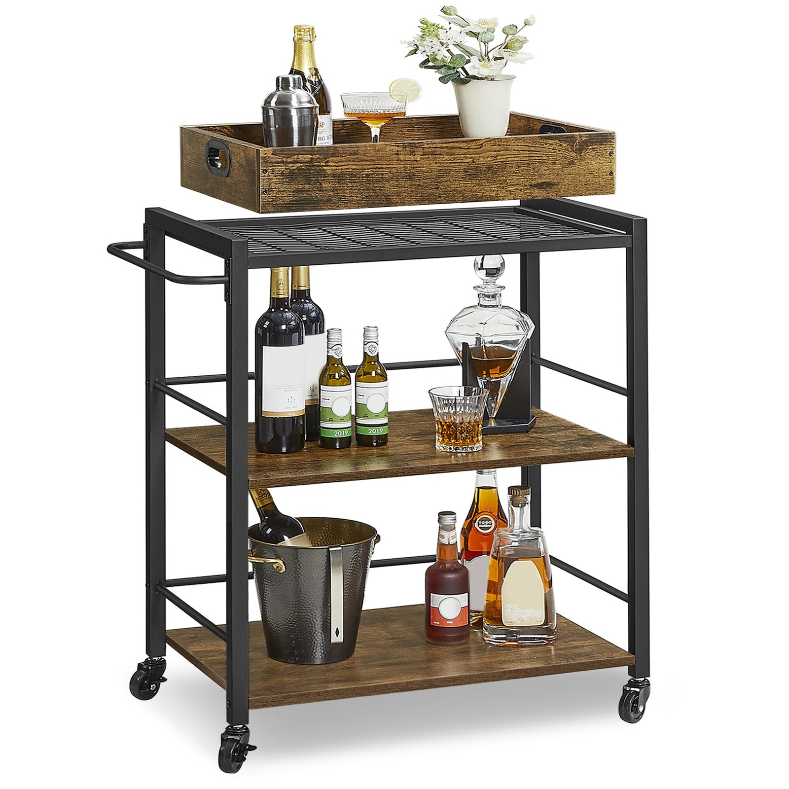 Kitchen Serving Cart with Removable Tray, 3-Tier Utility Cart on Wheels