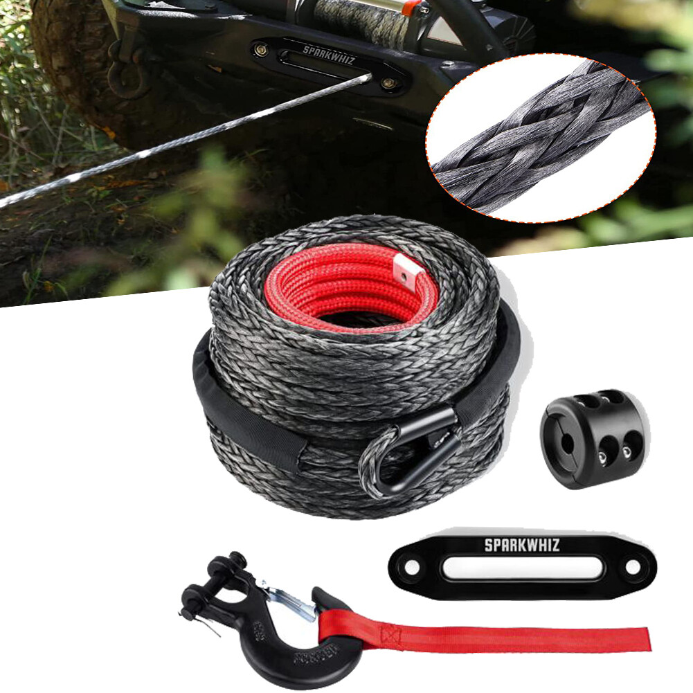 26500LBS 100FT Synthetic Winch Rope Winch Line Cable Rope w/Steel Hook for 4WD