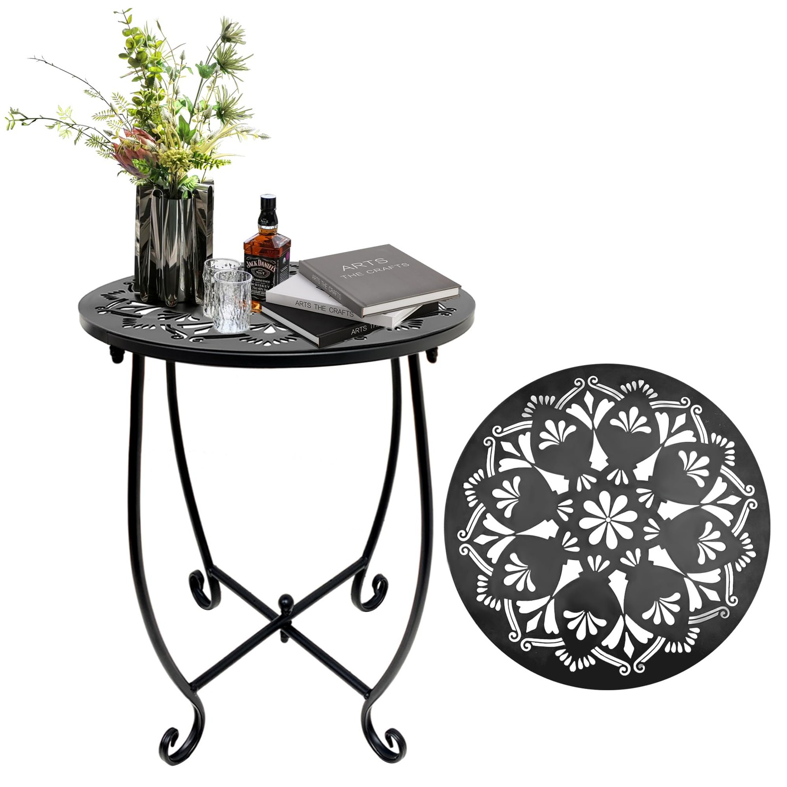 Patio Side Table, Weather Resistant Metal Small H 17Inch, Black