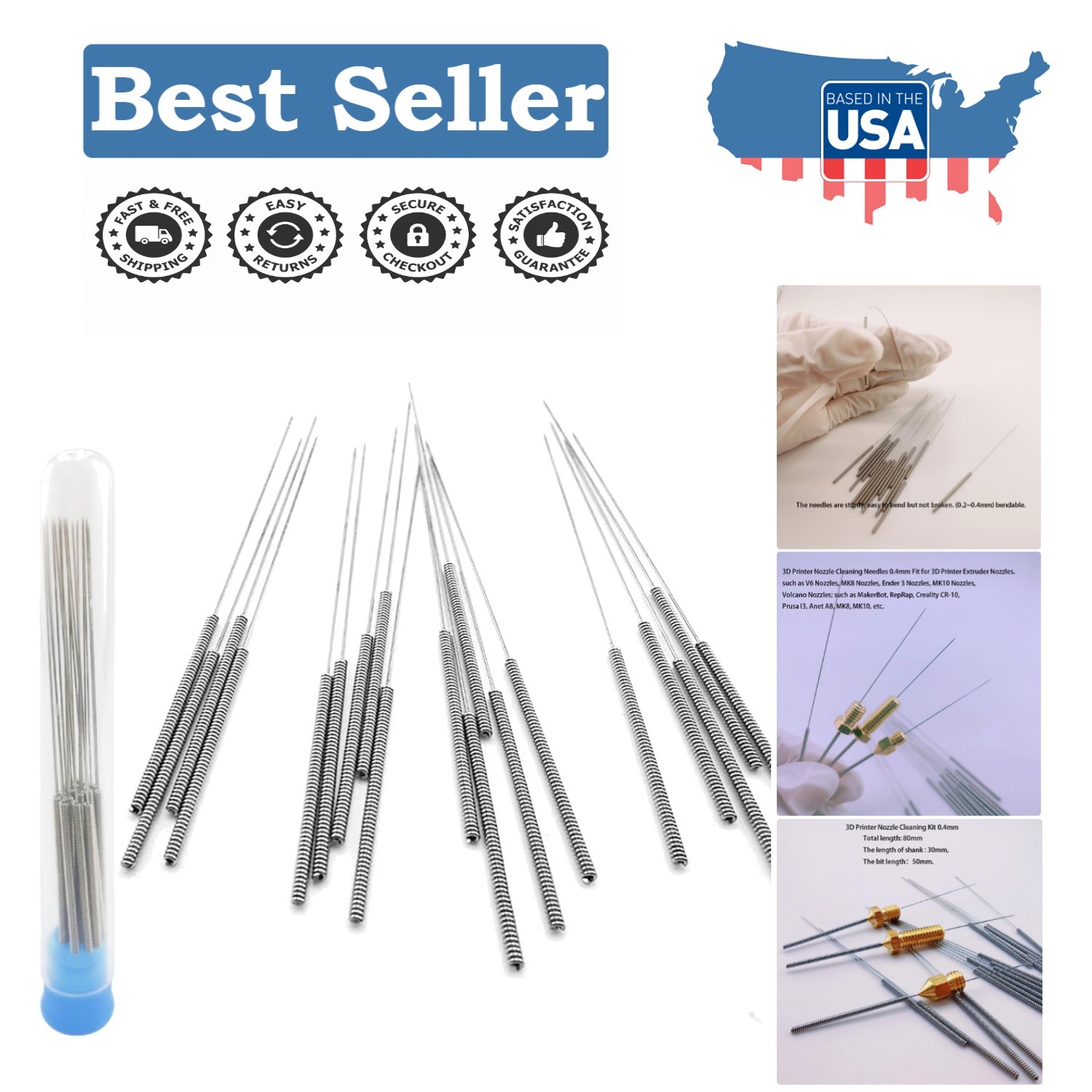 Essential 20Pcs 0.4mm Nozzle Cleaning Needles - For Ender, V6, Prusa Printers